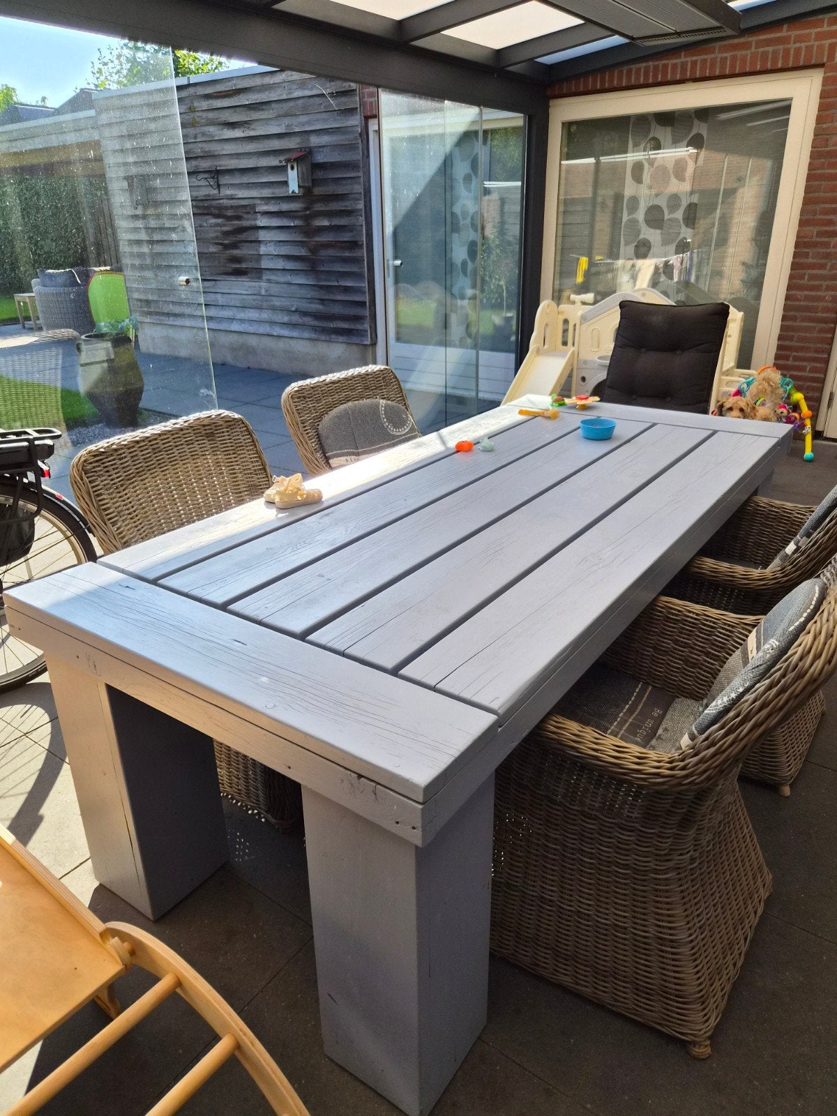 Tuintafel met 5 wicker tuinstoelen en kussens, Tuin en Terras, Ophalen, Gebruikt, Rechthoekig, Hout
