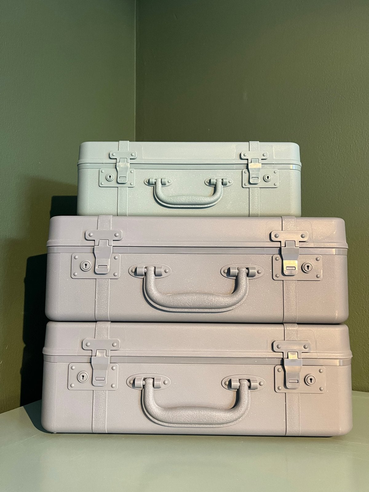 Set van 3 “vintage” koffers - grijs/groen, Sieraden, Tassen en Uiterlijk, Ophalen, 40 tot 60 cm, 20 tot 30 cm, Zo goed als nieuw