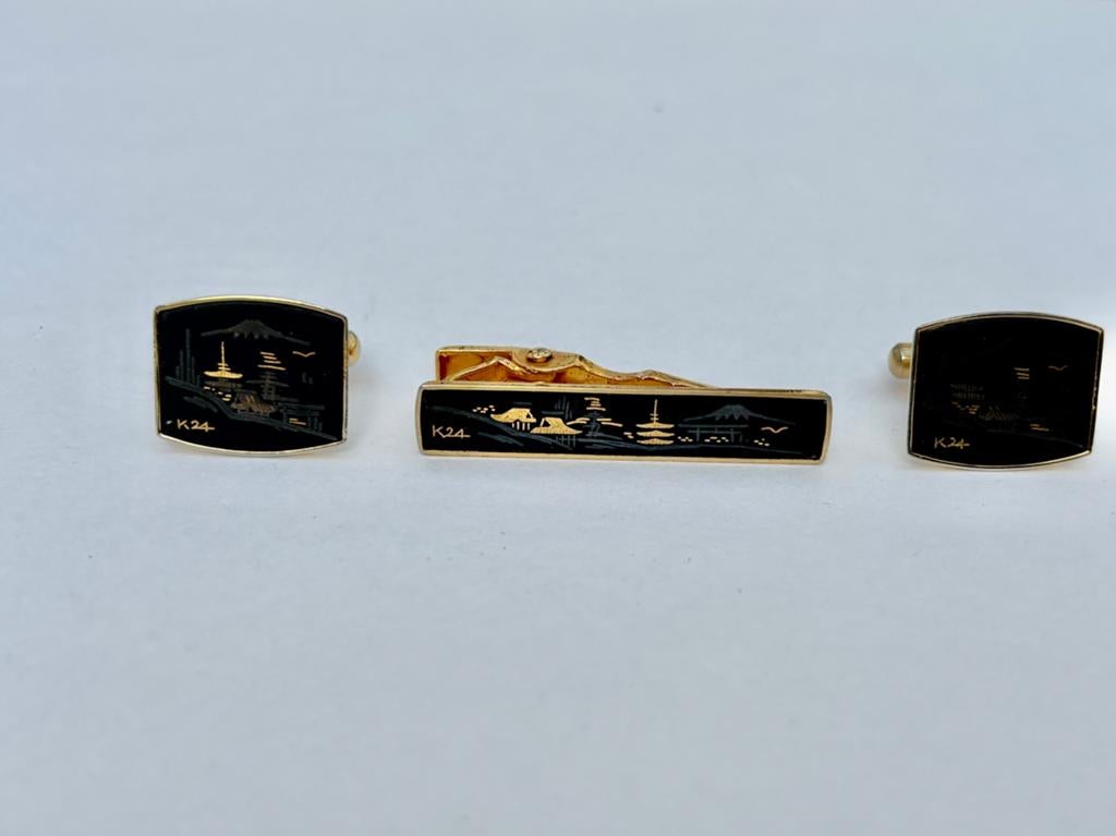 Vintage K24 Japanse Manchetknopen & Dasspeld Set, Ophalen of Verzenden, Zo goed als nieuw, Overige materialen, Verguld