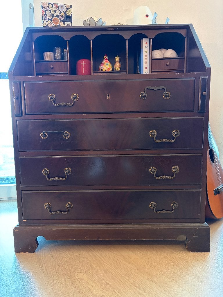 Vintage secretaire / klepbureau mahoniekleur — 4 laden, Ophalen, Gebruikt, Vintage