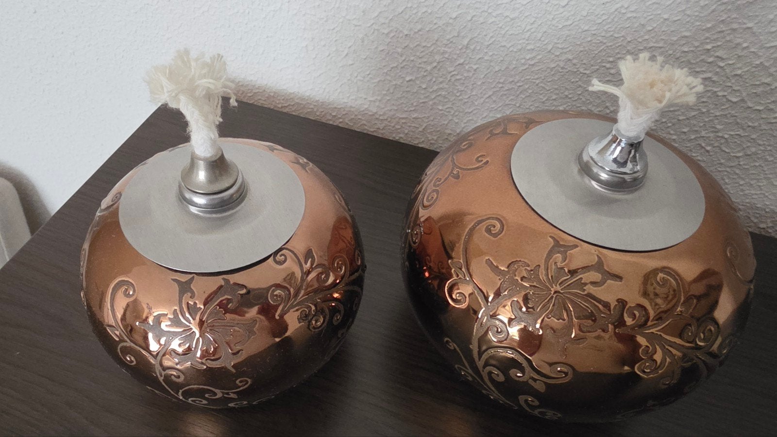 Set van 2 koperkleurige olielampen met decoratie, Ophalen of Verzenden, Zo goed als nieuw
