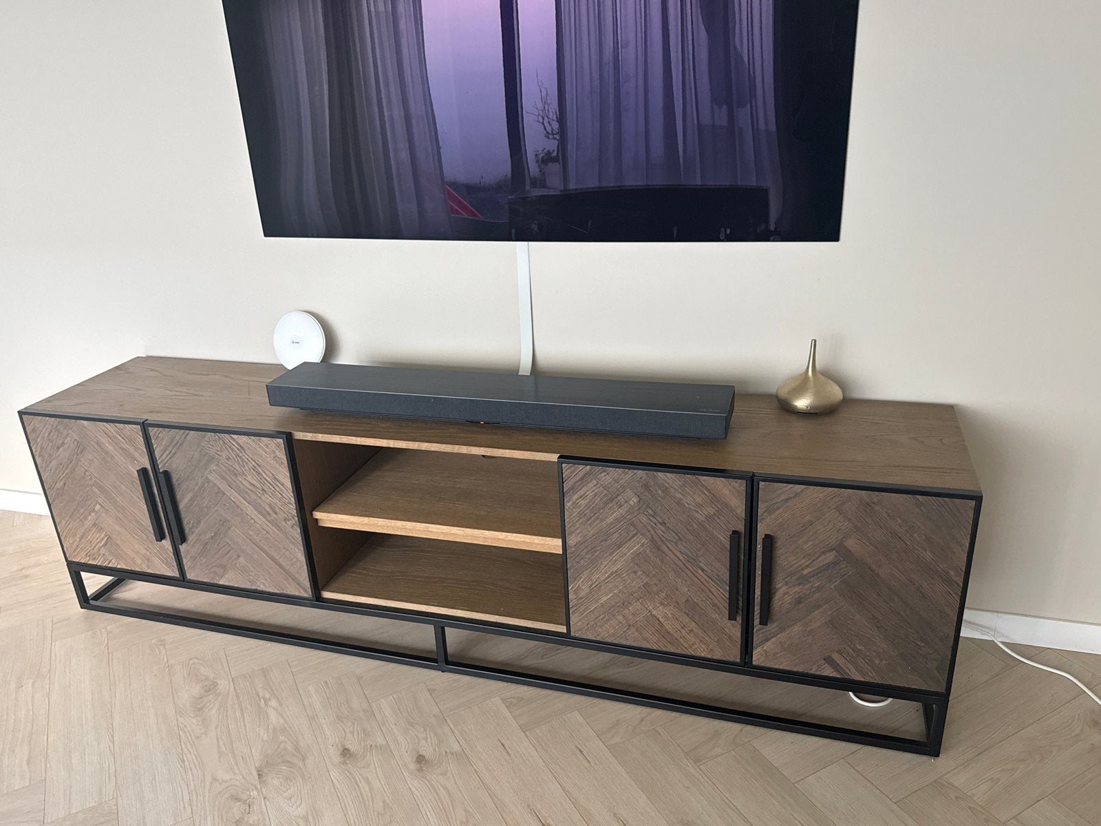 Richmond TV-meubel 'Herringbone' Eikenhout en Staal, 220cm, Ophalen, Gebruikt, Eikenhout, 200 cm of meer