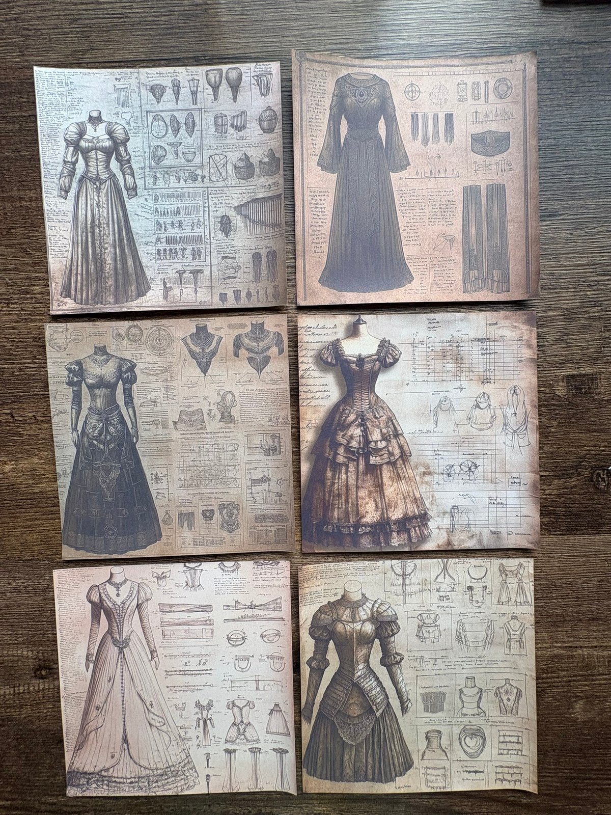 6 vellen papier (15x15 cm) met Victoriaanse kledingontwerpen, Ophalen of Verzenden