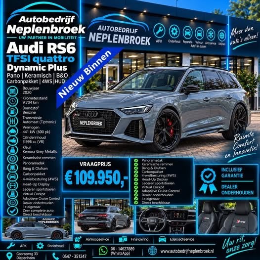 Audi RS6 TFSI quattro Dynamic Plus | Pano | Keramisch | B&O, Auto's, Automaat, Dealer onderhouden, Gebruikt, 138 €/maand
