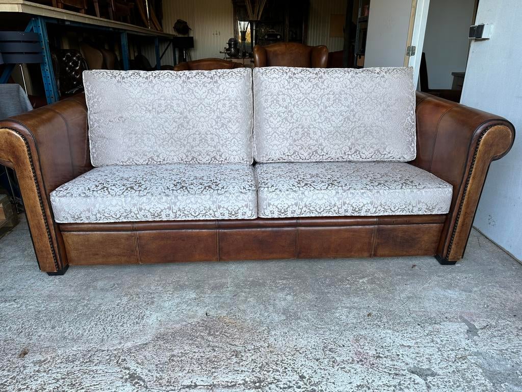 Exclusieve schapenleren 3 zits bank. Engelse stijl., Ophalen, Chesterfield., ., 150 tot 200 cm