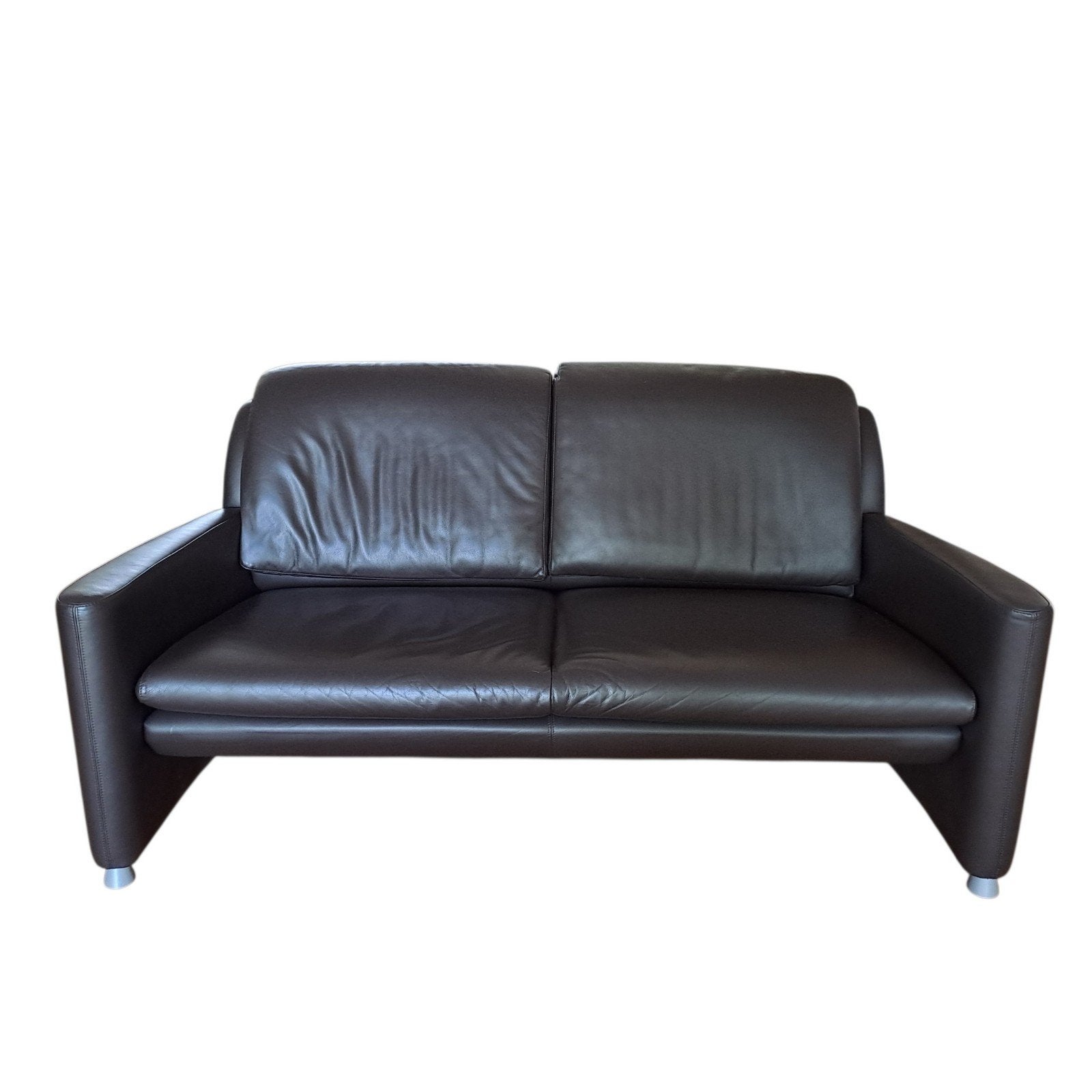 LEOLUX Leren 2-zits-bank met hocker. Donkerbruin., Ophalen, 75 tot 100 cm, Tweepersoons, 150 tot 200 cm