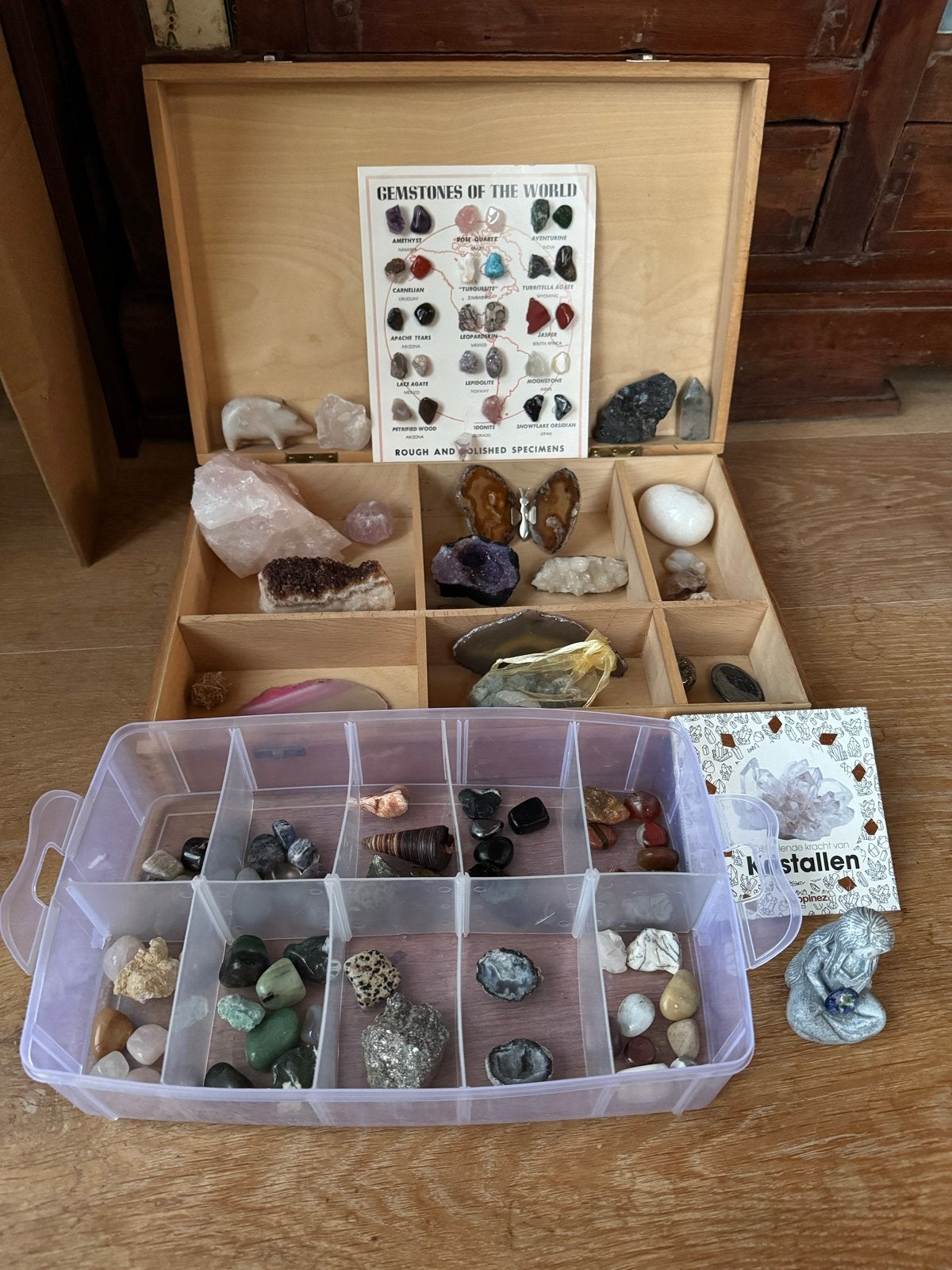 Grote collectie edelstenen en mineralen met houten kist, Ophalen of Verzenden, Gebruikt