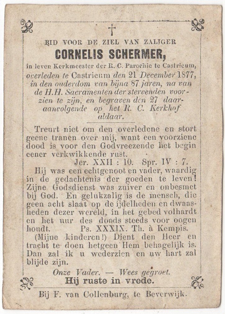 Cornelis Schermer 1790 Heemskerk - 1877 Castricum, bijna 87, Verzenden