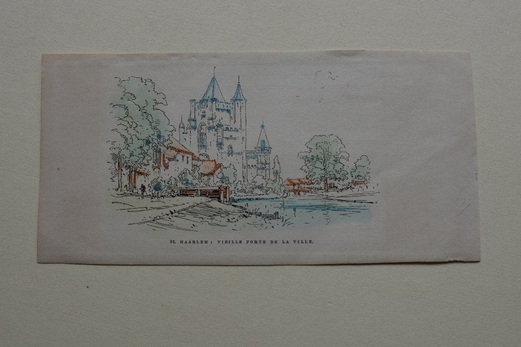 HAARLEM AMSTERDAMSEPOORT Houtgravure 1881 hand gekleurd G60, 1800 - 1899, Verzenden, Stadsgezicht, Handgekleurd