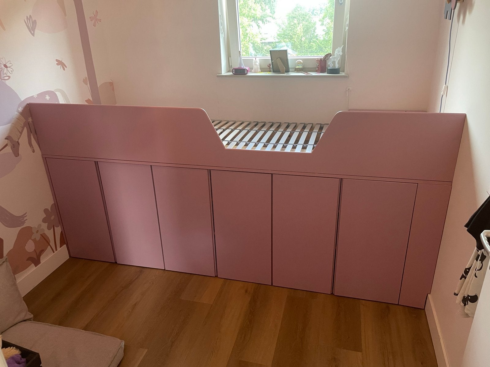 Roze kinderbed met opbergruimte en lattenbodem, Ophalen, Gebruikt, 90 cm, 200 cm