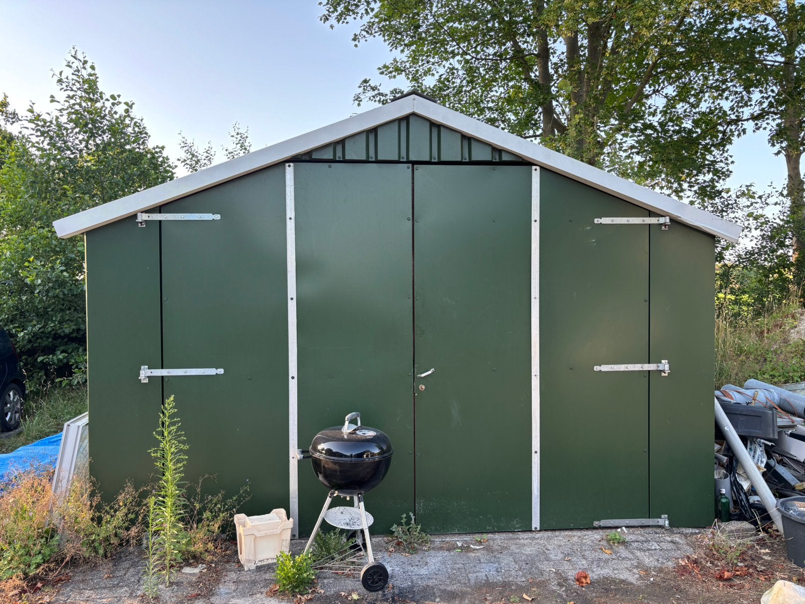 Groen degeelijk metalen schuur van 4 x 6 mtr, Schuur, Ophalen of Verzenden, Zo goed als nieuw, Zonder ramen