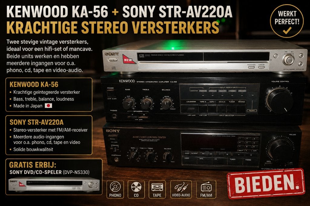 2x Versterker Kenwood + Sony + Gratis DVD/CD‑speler, Ophalen, Zo goed als nieuw, Minder dan 60 watt, Overige merken