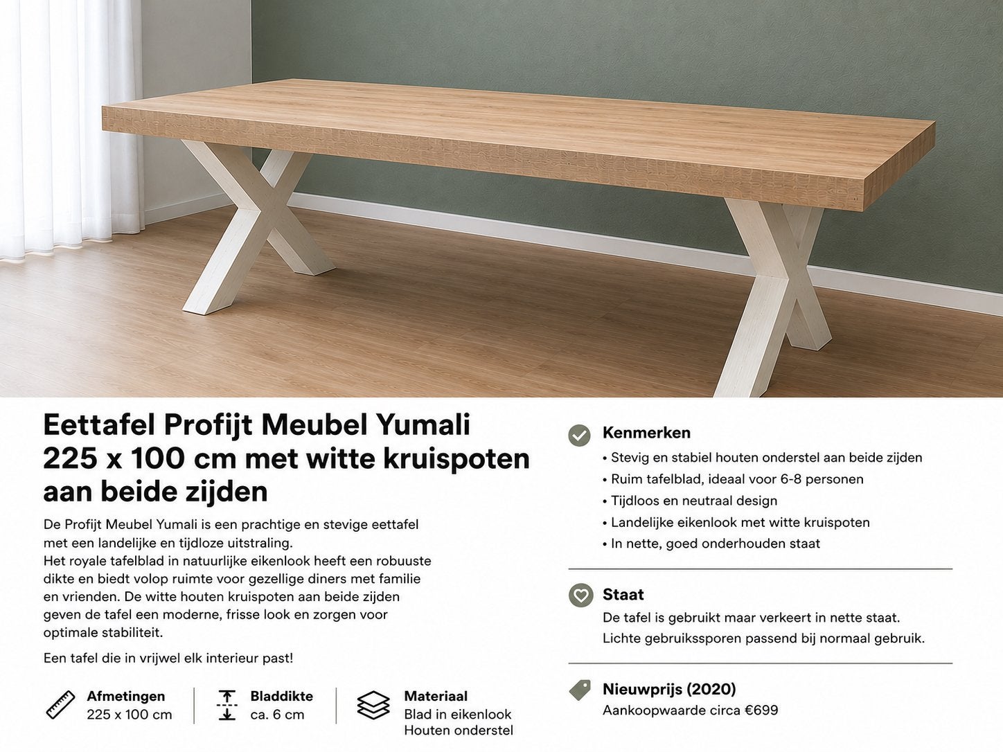 Eettafel Profijt Meubel Yumali 225x100 cm met witte kruispot, Ophalen, Eikenhout, 200 cm of meer, 50 tot 100 cm