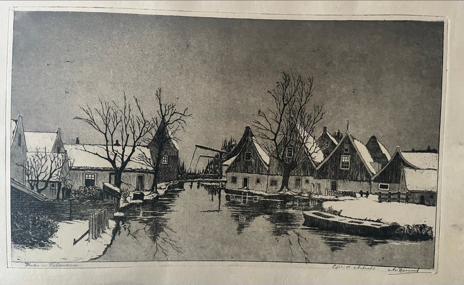 Edam: Ets van Antoon van Hemert) :Wintergezicht Edam, Ets, Stadsgezicht, Ophalen of Verzenden, Gesigneerd