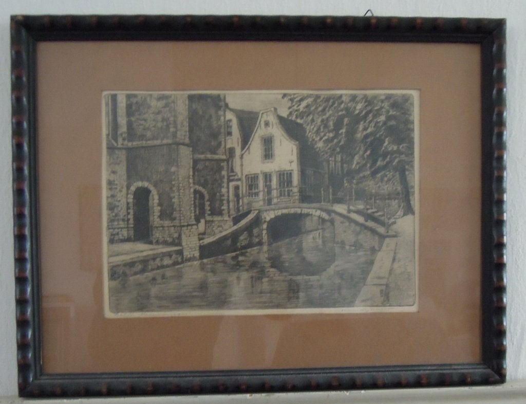 oude ets Vrouwenrecht, Delft  40x54 cm Marinus Janssen, Antiek en Kunst, Kunst | Etsen en Gravures, Ingelijst, 40 cm, Ets, Stadsgezicht