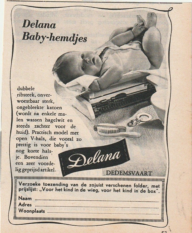 retro reclame 1952 Delana Dedemsvaart baby mode weegschaal, Verzenden, Overige typen