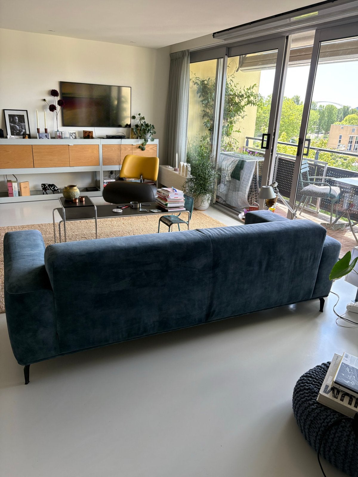 Comfortabele blauwe driezitsbank van stof, Ophalen, Gebruikt, Driepersoons, 75 tot 100 cm