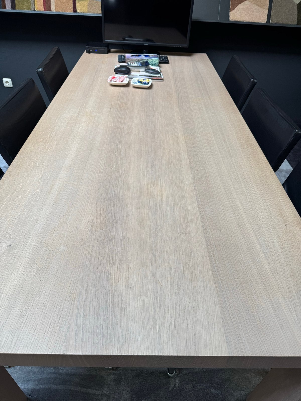Eikenhouten eettafel met 6 leren stoelen, Gebruikt, 100 tot 150 cm, Eikenhout, 200 cm of meer