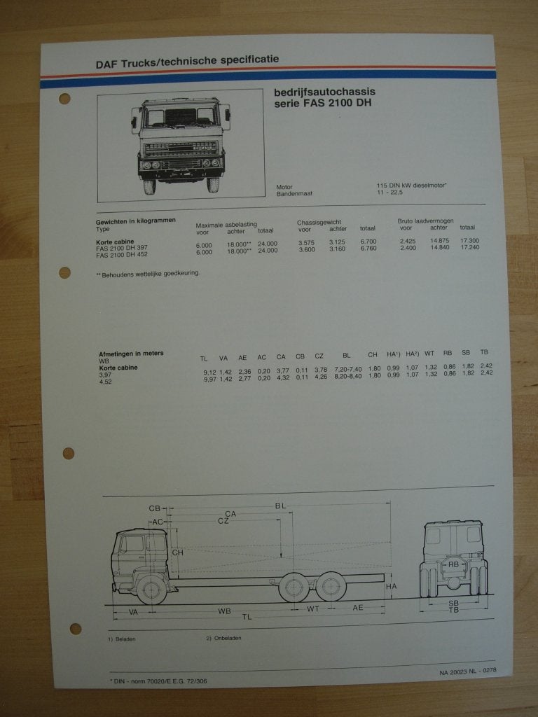 DAF FAS 2100 DH Technische Specificatie folder 1978 – 6x2, Ophalen of Verzenden, Zo goed als nieuw, Overige merken, DAF