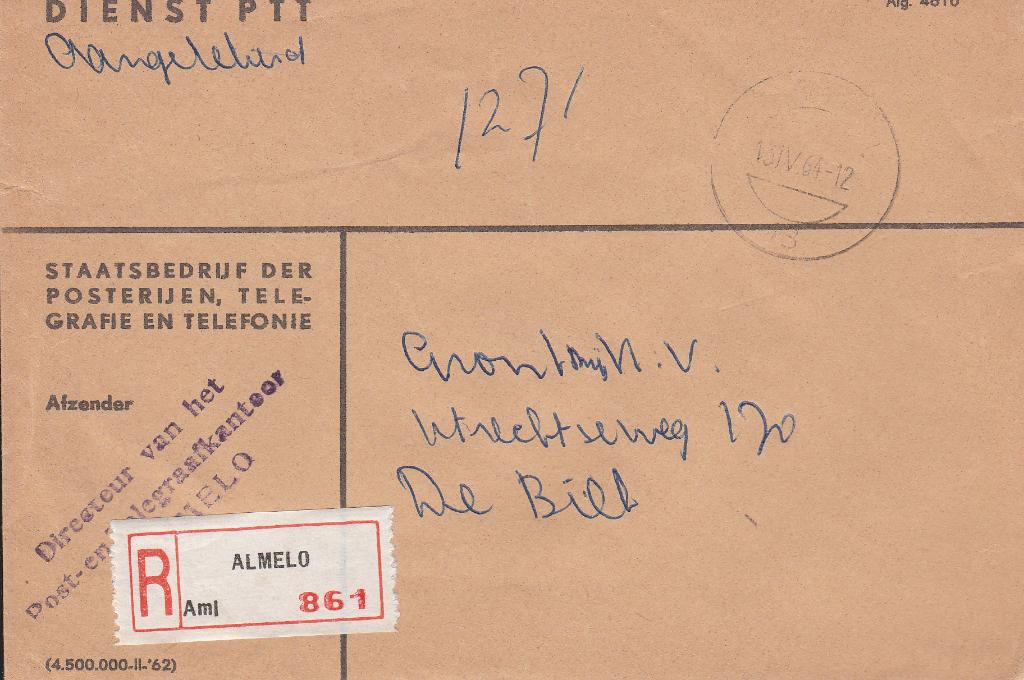 ALMELO 1964 Aanget. Dienstenvelop PTT afz Dir. Postkantoor, Verzenden, 1960 tot 1980, Gelopen, Overijssel