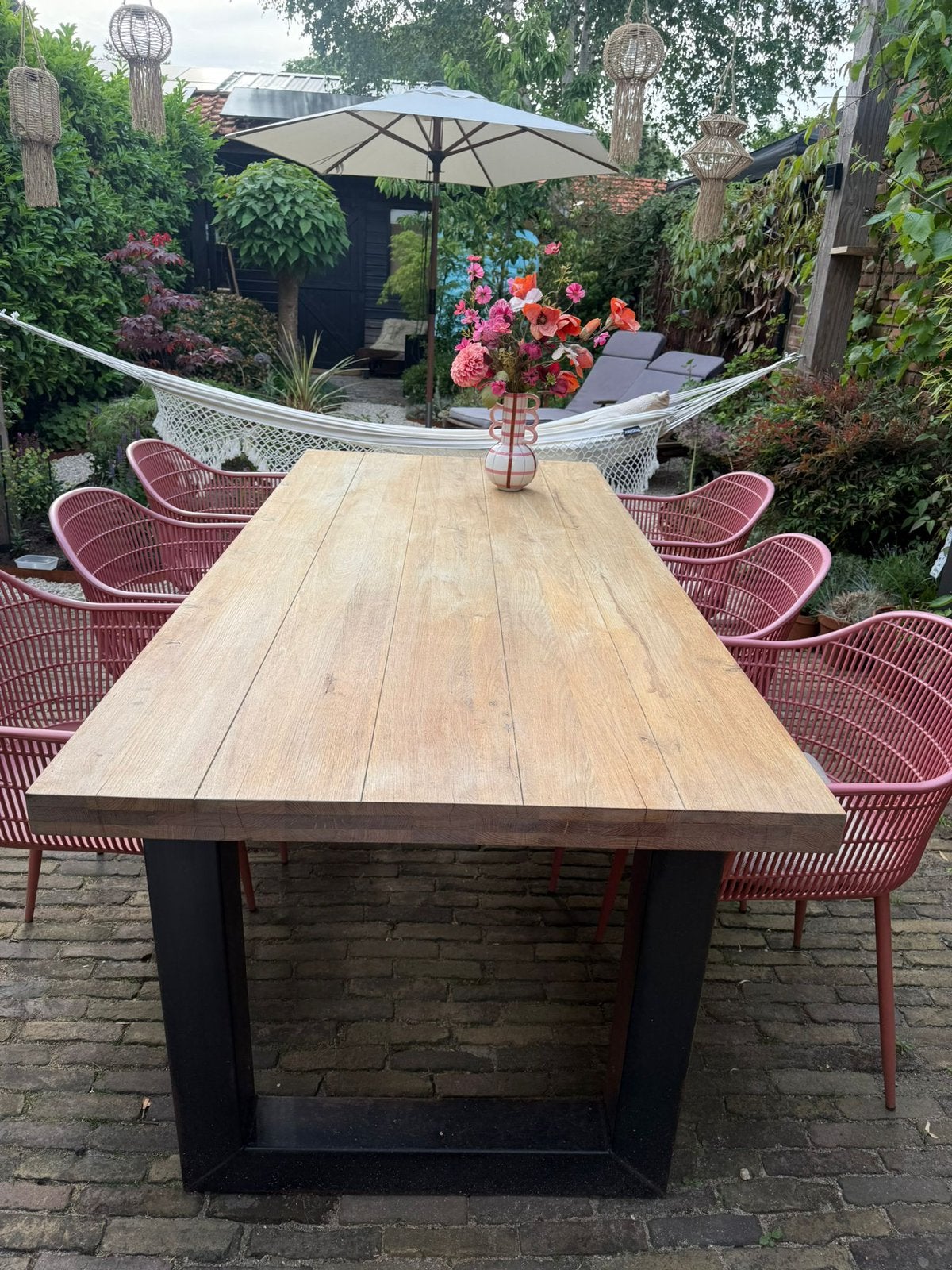 Tafel • 220x100cm • eettafel • eiken • stalen U tafelpoten, Huis en Inrichting, Ophalen, Gebruikt, Eikenhout, 200 cm of meer