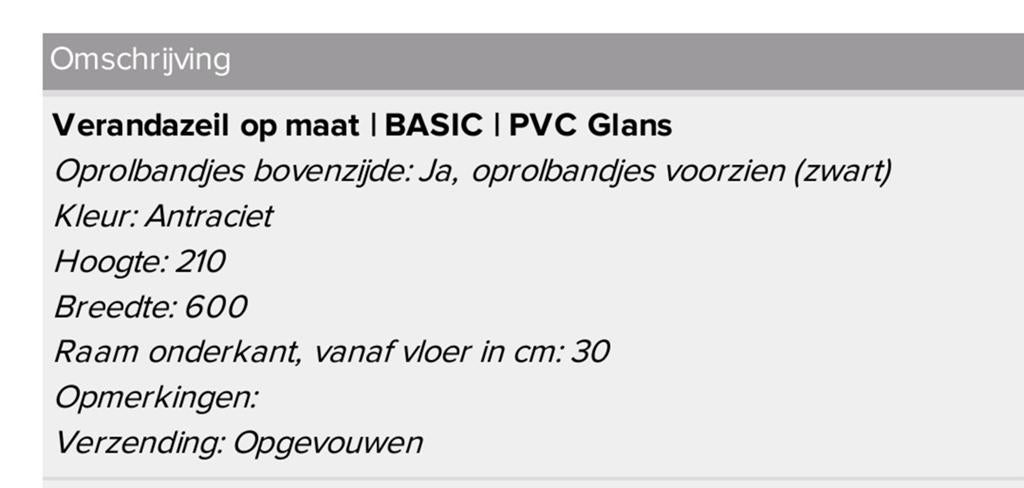 Verandazeil op maat | BASIC | PVC Glans - Antraciet, Tuin en Terras, Ophalen of Verzenden, Nieuw, 5 tot 8 meter