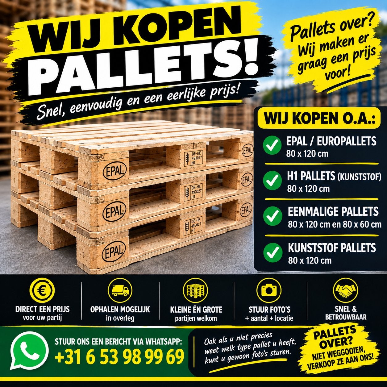 Wij kopen pallets | EPAL Europallets | H1 | Wegwerp 80x120, Ophalen, Overige houtsoorten, Minder dan 200 cm, Overige typen