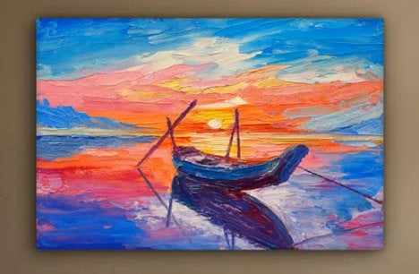 Schilderij olieverf look - zonsondergang boot 140x90cm, Maritiem / water, Doek, Impressionistisch, Ophalen of Verzenden