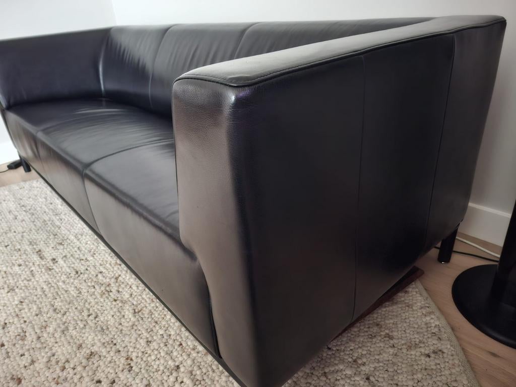 Zwarte leren bank van Montèl, Huis en Inrichting, Ophalen, Gebruikt, Rechthoekig, 125 cm of meer