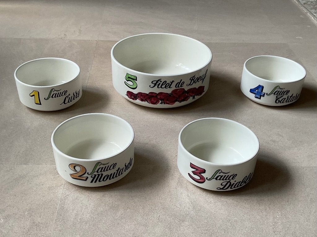 Gien France vintage fondueschaal+4 sausschaaltjes jaren 70, Verzenden