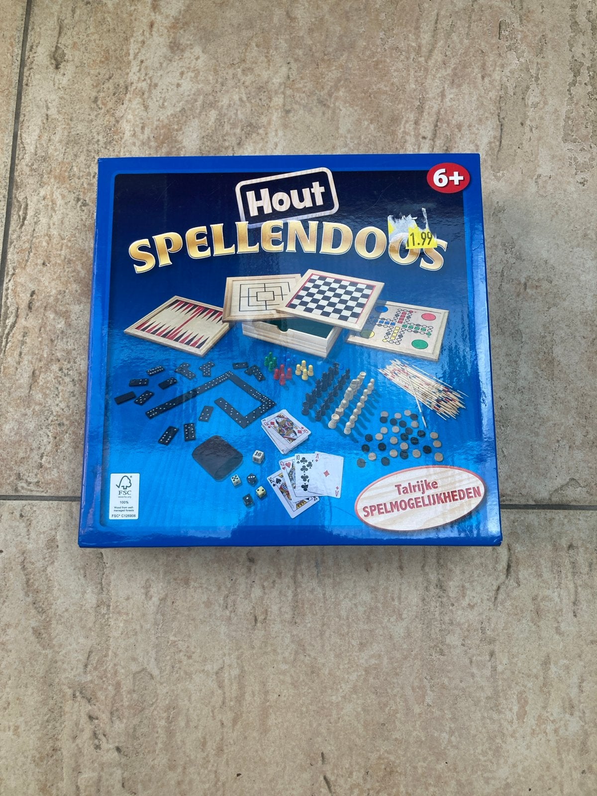Houten Spellendoos 6+ met diverse spellen, Een of twee spelers, Ophalen of Verzenden, Zo goed als nieuw