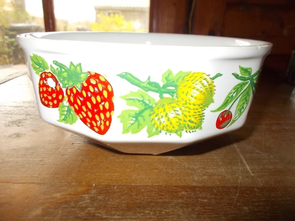 🍓Fruittest met fruitafbeeldingen,fruittes,uitlekschaal., Gebruikt, Ophalen of Verzenden, Schaal of Schalen, Overige stijlen