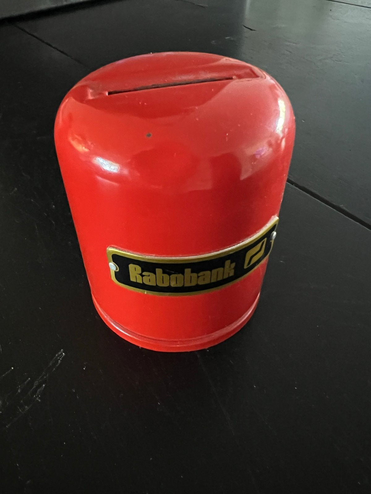 Vintage Rabobank spaarpot rood metaal, Ophalen, Gebruikt, Metaal of Blik, Overige thema's