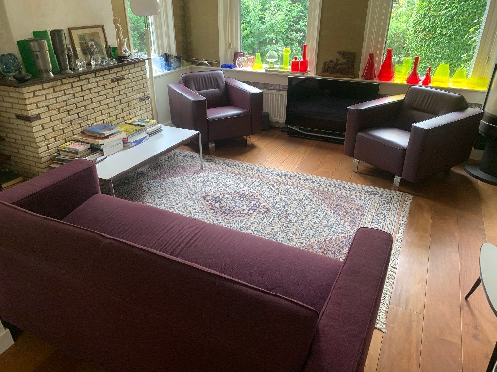 Zitbank met twee fauteuils - aubergine - bankstel, Ophalen, Gebruikt, 150 tot 200 cm, Driepersoons