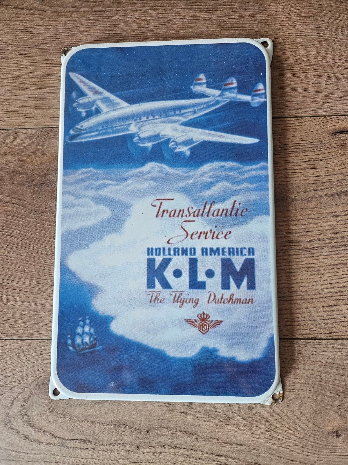 Vintage KLM emaille reclamebord - Transatlantic Service, Ophalen of Verzenden, Gebruikt