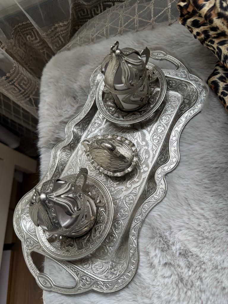 Prachtige zilverkleurige Turkse koffieset met dienblad, Ophalen of Verzenden