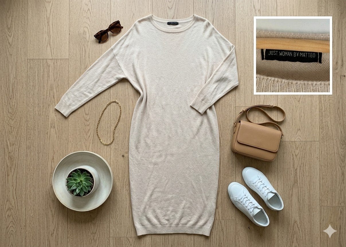 Just Woman by Mateo dun gebreide jurk M, Maat 38/40 (M), Beige, Just Woman by Mateo, Ophalen of Verzenden