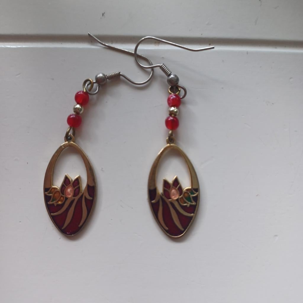 Vintage oorbellen, oorhangers, bloemen,emaille, Ophalen of Verzenden, Zo goed als nieuw, Rood, Overige materialen