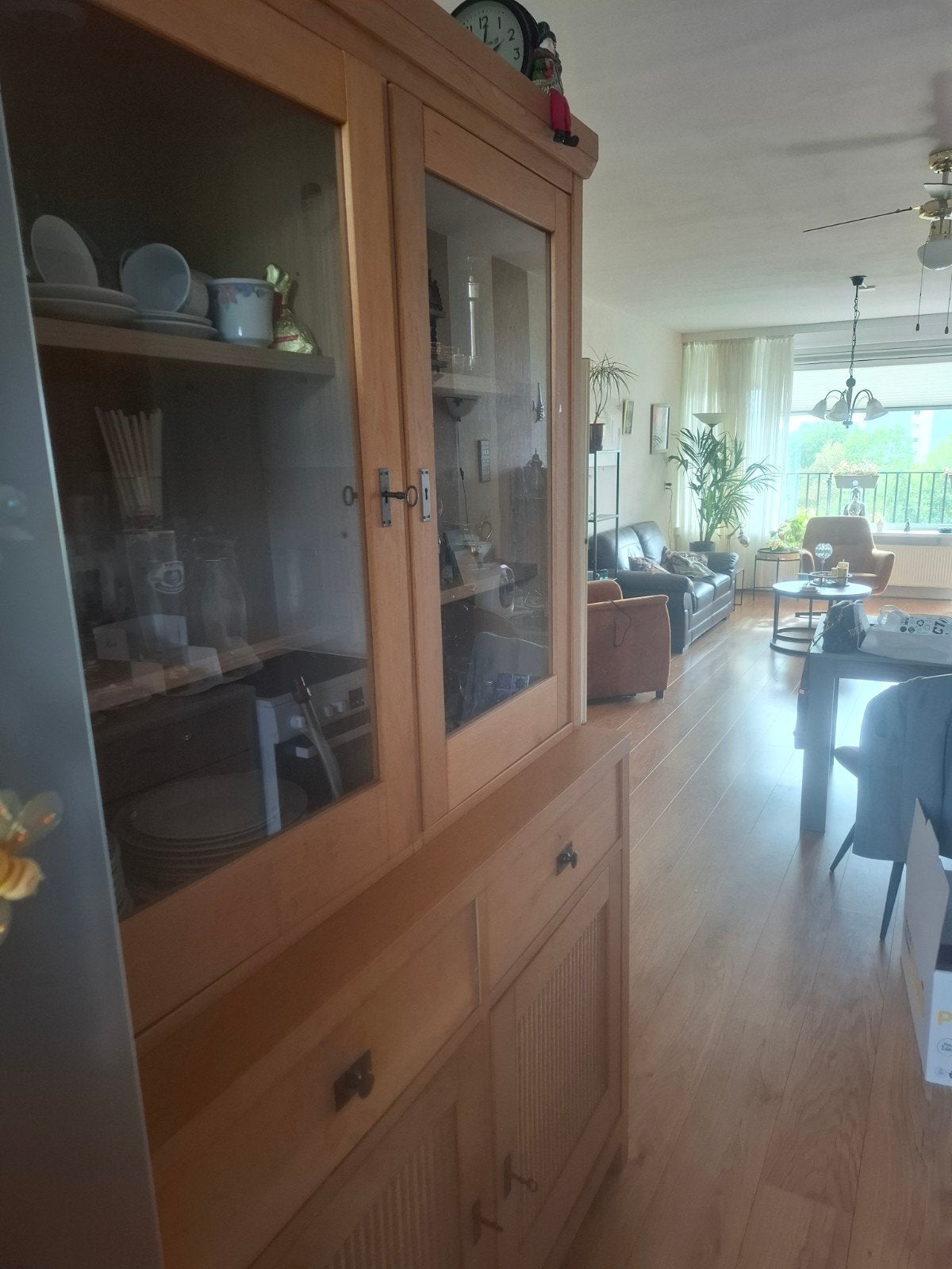Eikenhouten vitrinekast met lades en deuren, Ophalen, Gebruikt, 100 tot 150 cm, Eikenhout