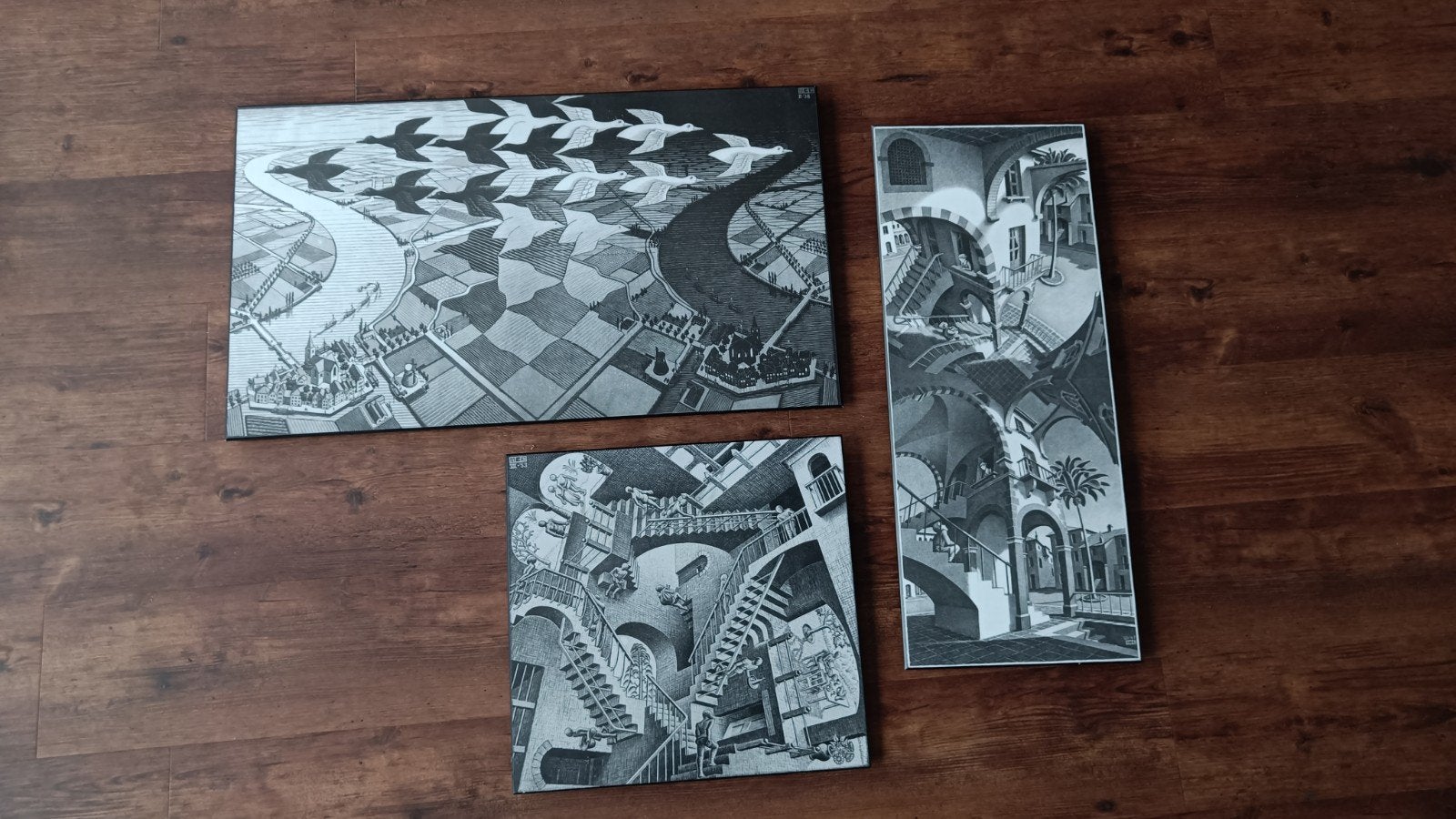 Set van 3 M.C. Escher reproducties op hout, Antiek en Kunst, Ophalen