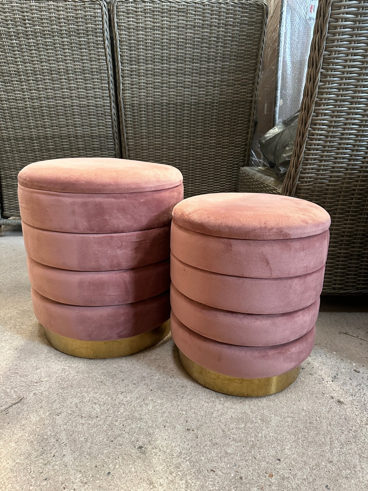 Set van 2 roze velvet opbergpoefs – Baroque Collection, Ophalen, Baroque Collection, Baroque Collection, Rond