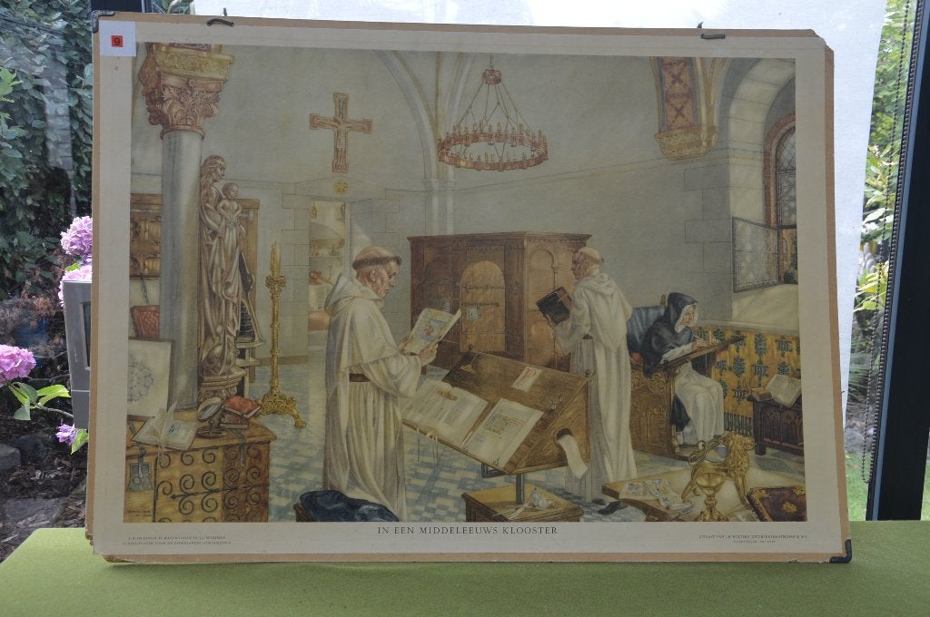 oude schoolplaat: In een middeleeuws klooster J.B. Wolters, Ophalen of Verzenden, Stad- en Dorpsgezichten