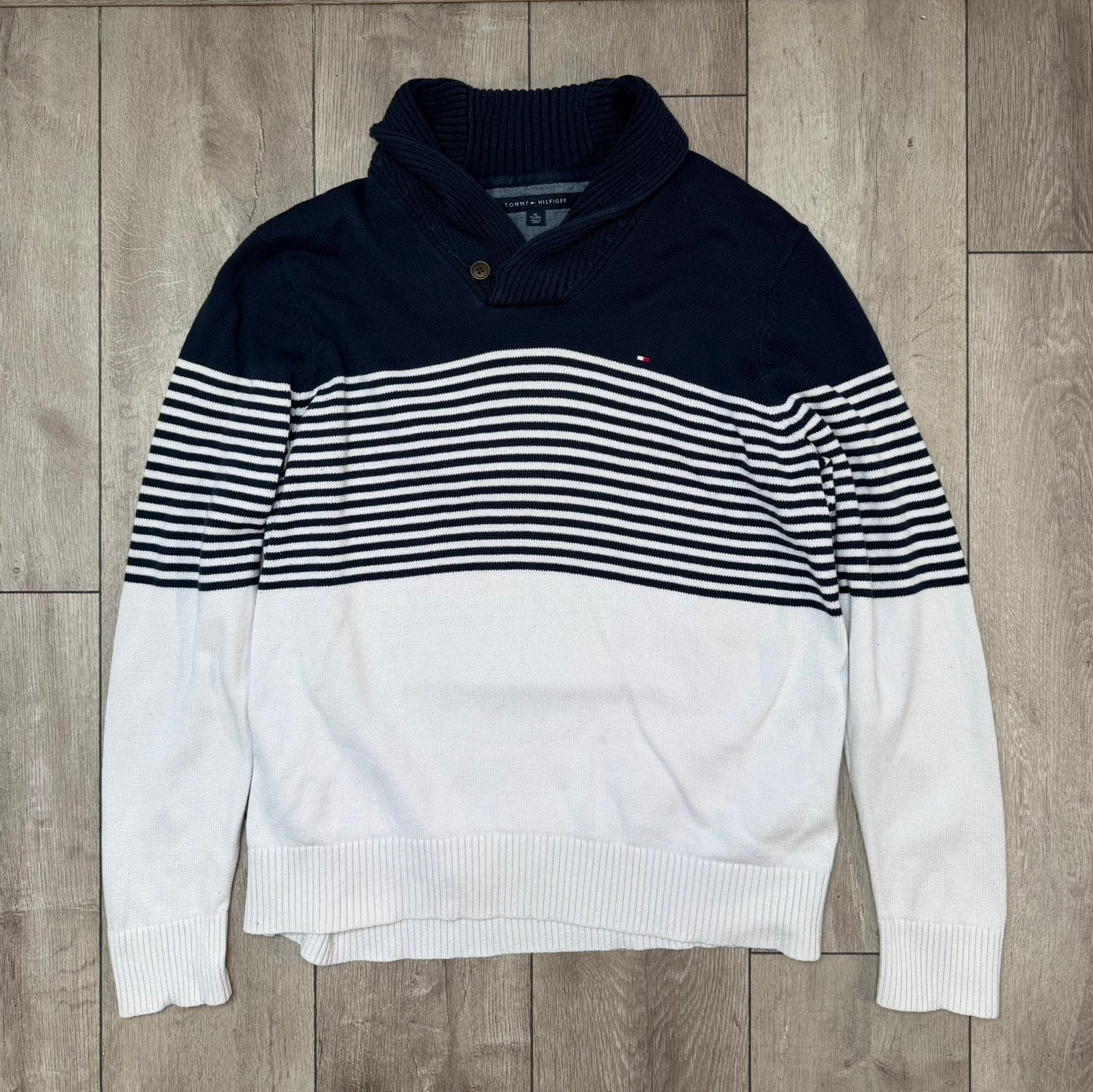 Tommy Hilfiger Trui Heren XL Navy Wit Gestreept Shawl Collar, Ophalen of Verzenden, Zo goed als nieuw, Maat 56/58 (XL), Blauw