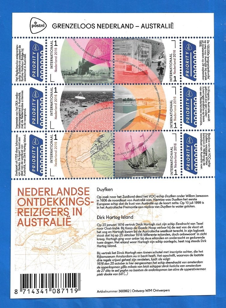 NVPH 3441- 46 a Vel Grenzeloos Nederland - Australië - 2016, Postzegels en Munten, Postzegels | Nederland, Ophalen of Verzenden