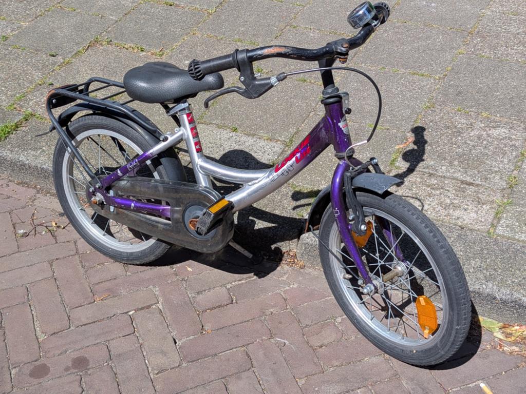 Loekie kinderfiets 16 inch - Paars/Zilver, Ophalen, Terugtraprem, Loekie, 16 tot 20 inch