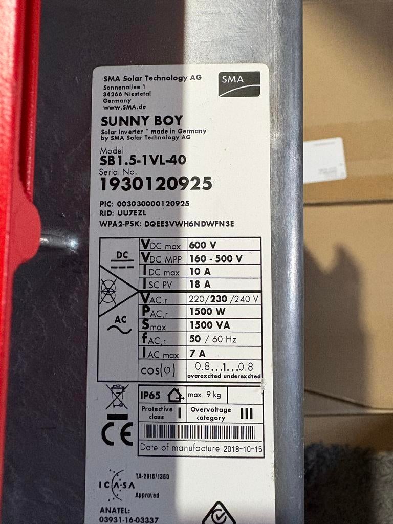 SMA Sunny Boy 1.5 omvormer, Ophalen of Verzenden, Gebruikt, Overige typen, 200 wattpiek of meer