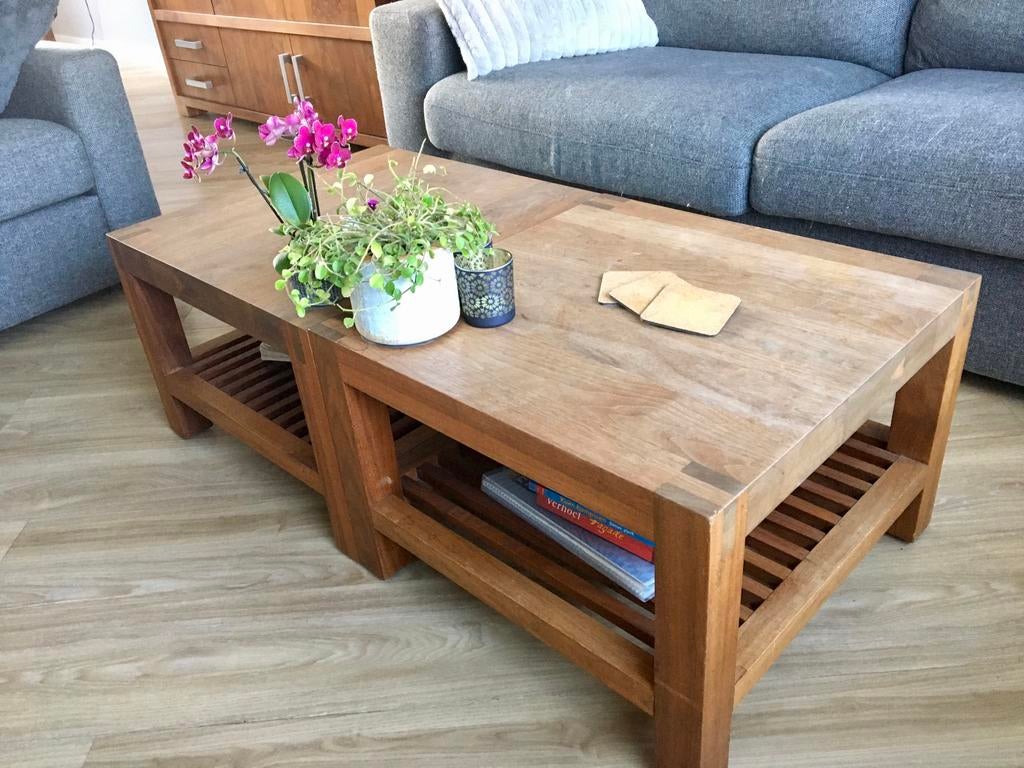 2 stuks massief notenhouten bijzettafels 60x60 cm, Ophalen, Minder dan 45 cm, Vierkant, 55 tot 75 cm