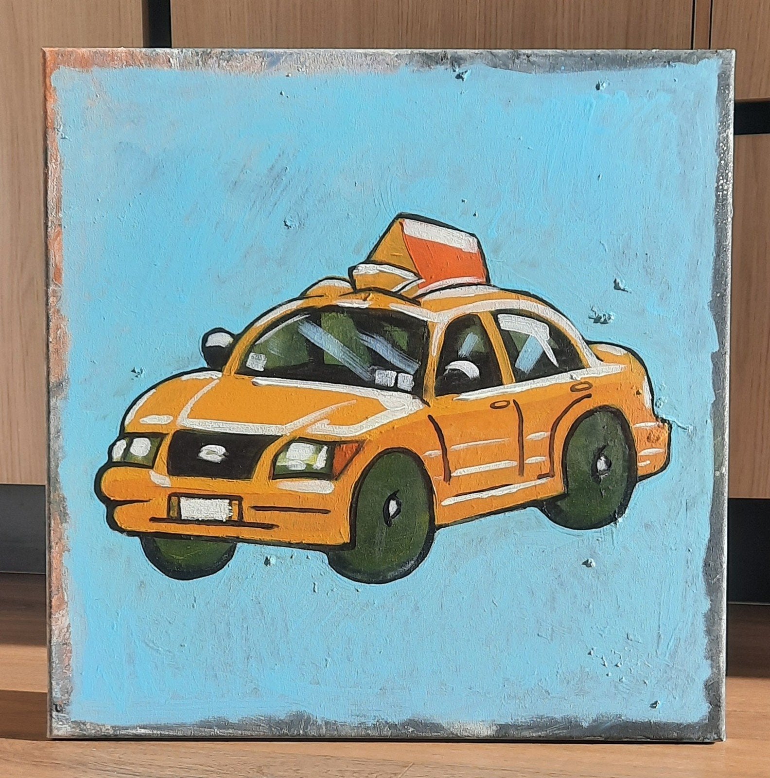 Uniek handgeschilderd schilderij: Gele Taxi - 50x50cm, Antiek en Kunst, Voertuigen, Acrylverf, Handgeschilderd, Ophalen of Verzenden