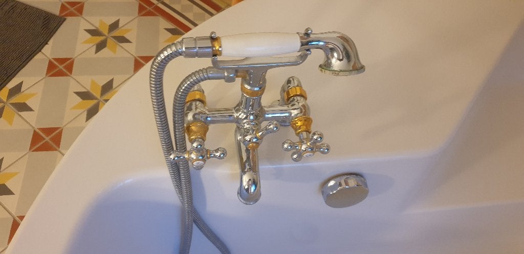 Klassieke badkraan met handdouche chroom/goud, Ophalen of Verzenden, Gebruikt, Chroom, Bad