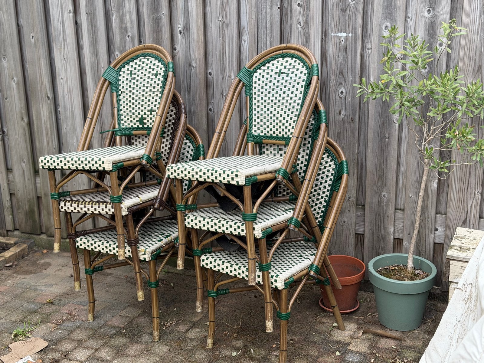 Set van 6 Franse bistro terrasstoelen – vintage groen bruin, Ophalen, Kunststof, Gebruikt, Overige kleuren